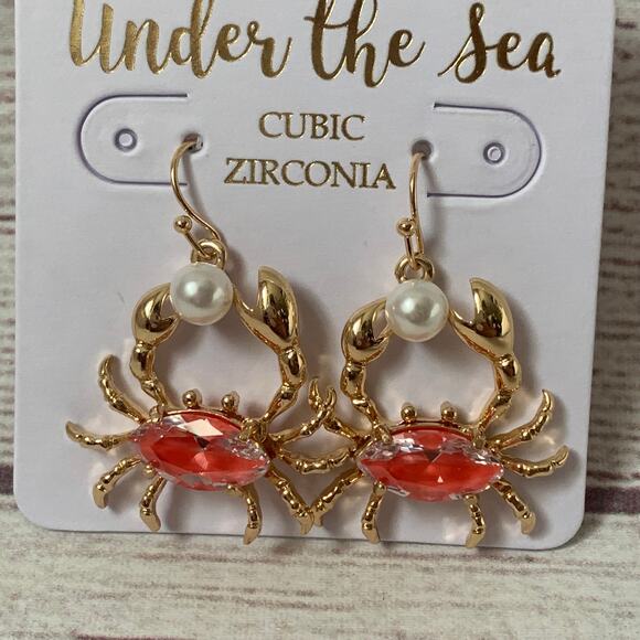 Under The Sea Crab Earrings Cubic Zirconia Faux Pearl Fishhook Style Cancer - Picture 3 of 9